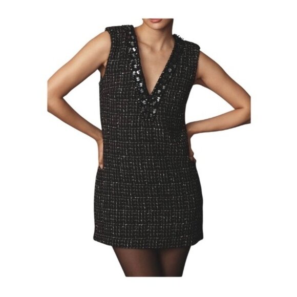 Maeve Anthropologie Sequin Embellished V-Neck Tweed Mini Dress Black Size XS - Picture 1 of 8